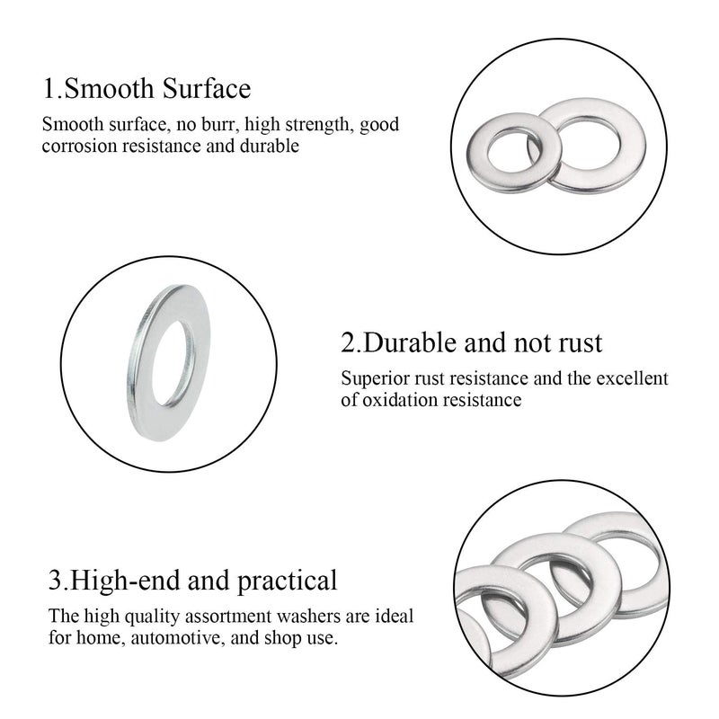 DYWISHKEY 268PCS 8 Sizes Flat Washers Assortment Kit, 1/2 3/8 5/16 1/4 12# 10# 8# 6#, 304 Stainless Steel - Image 5